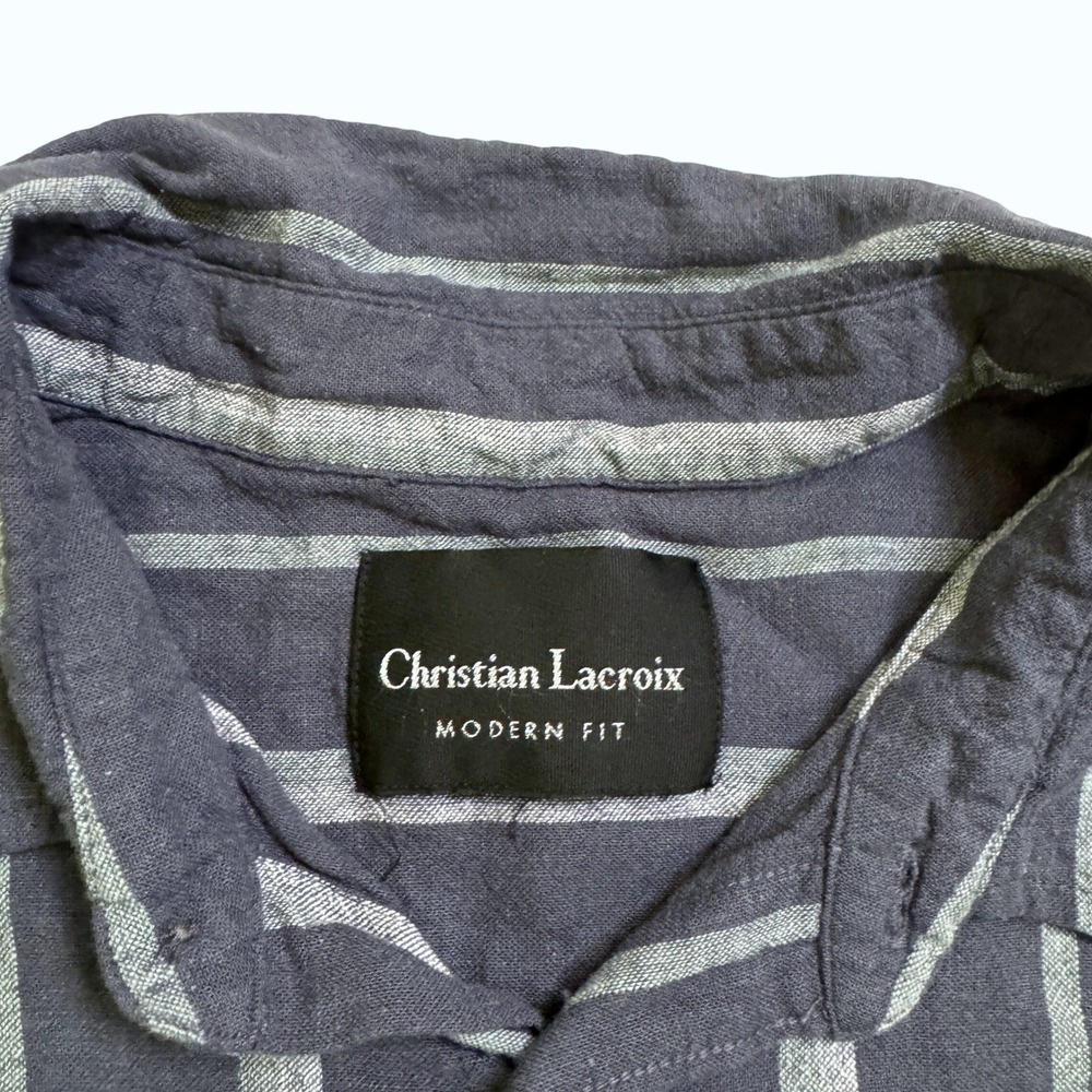 Christian Lacroix Linen Blend Large XL Shirt Navy Blue Striped Modern Fit - Picture 3 of 5